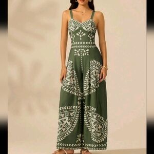 Resort Boho Tropical Print Sleeveless Strap Wide Leg Jumpsuit, Green And Beige